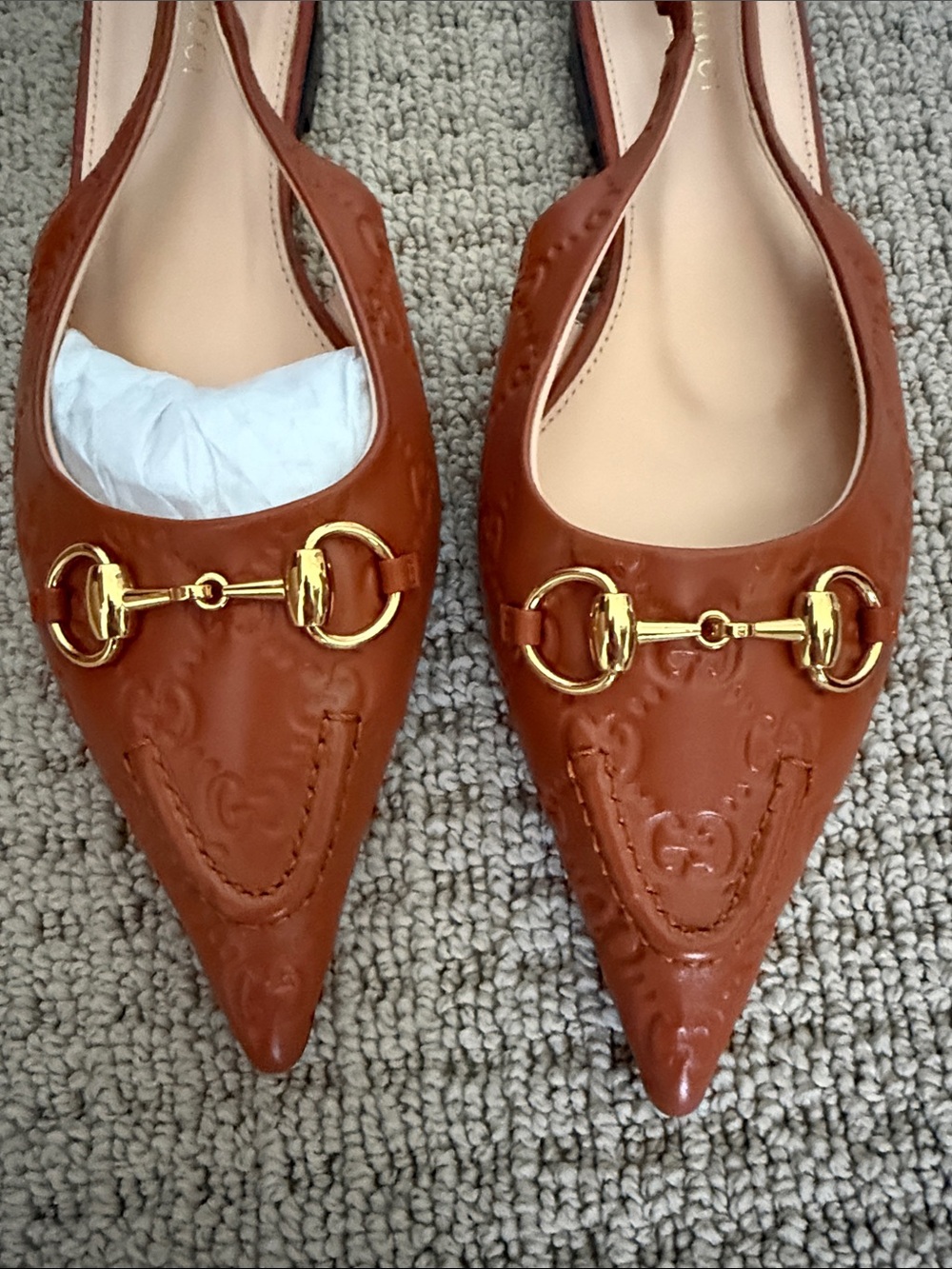 Gucci Brown Pointed Leather Slingback Mules with Gold Horsebit - Picture 2 of 4